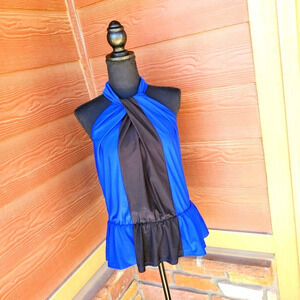 Cache Blue and Black Halter Top Blouse Size Small